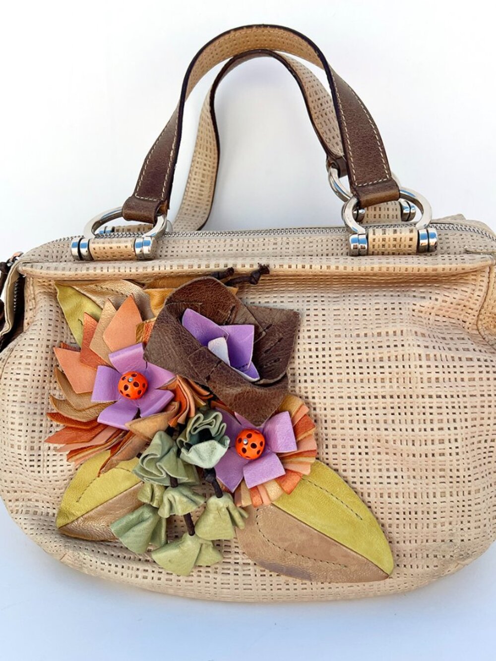 Braccialini Italy Beige Perforated Leather 3D Floral Ladybug Tote Satchel Bag
